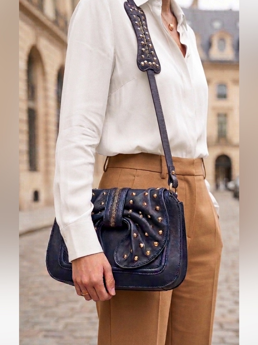 3.1 Phillip Lim Navy Blue Leather Studded Shoulder Bag with Gold Accents